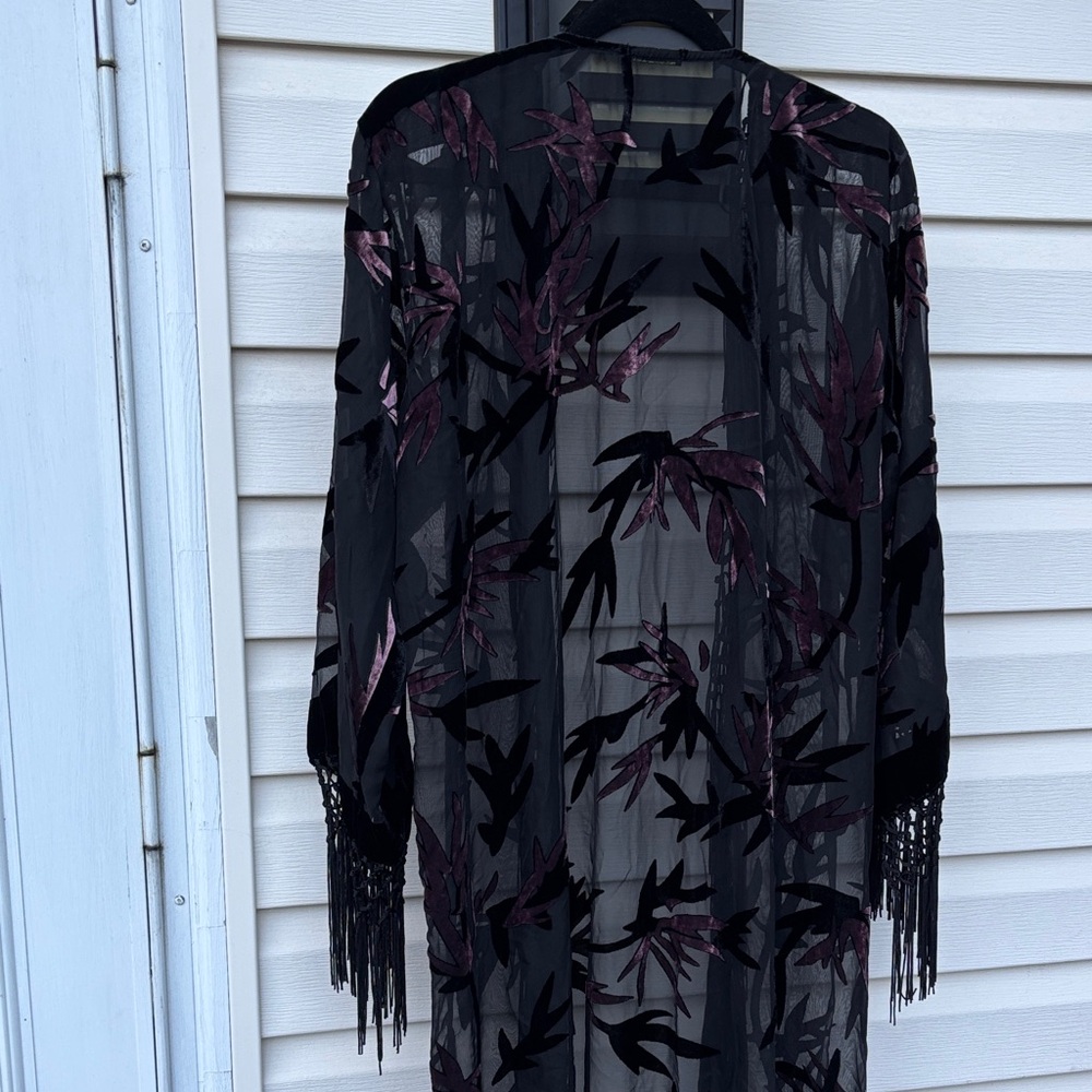 JayLey Ladies Silk Black Fringe Sheer Pink Velvet Top Boho Kimono Cardigan - Picture 15 of 16